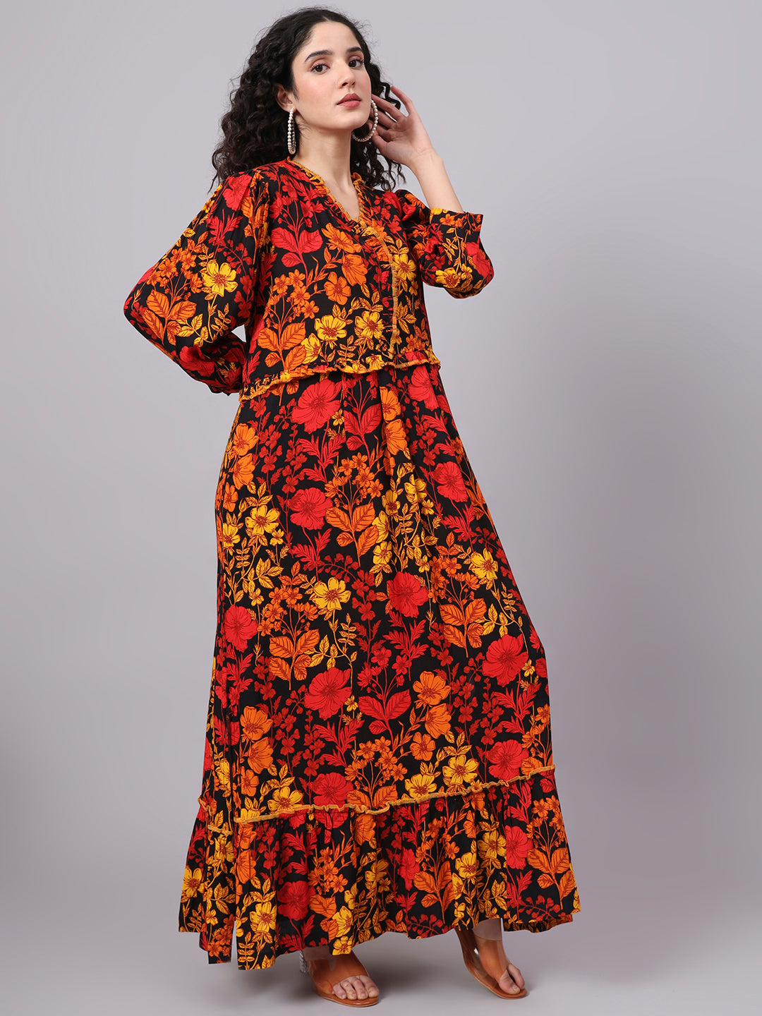 Women's Viscose Rayon Black Color Printed Full Length Dress S3000