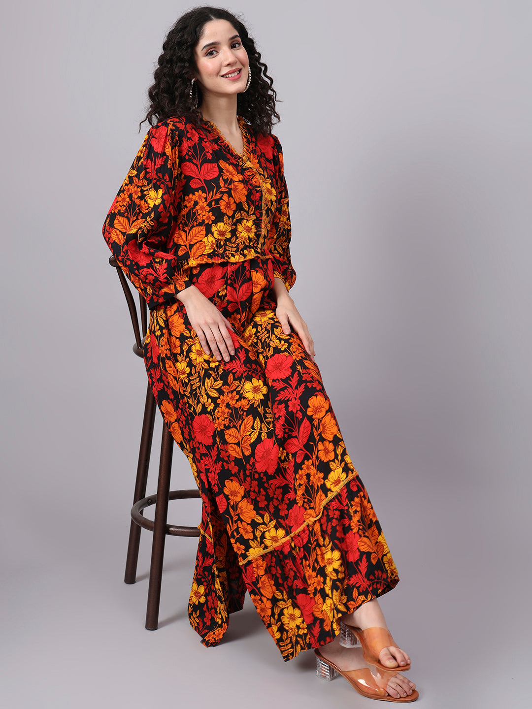 Women's Viscose Rayon Black Color Printed Full Length Dress S3000