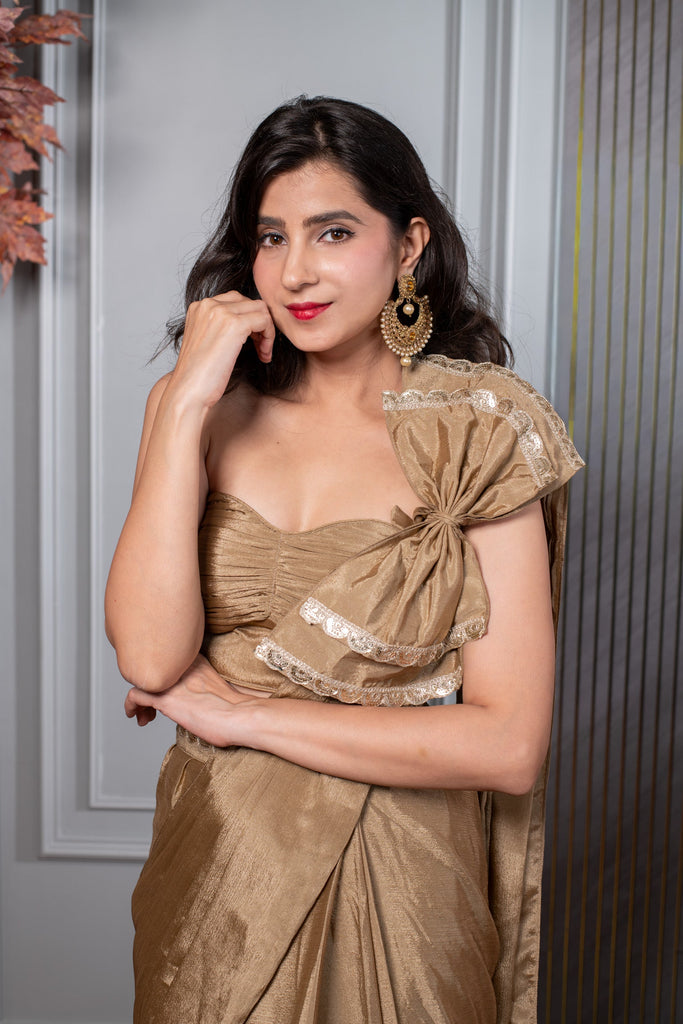 Women's Golden Ready To Wear Saree With Bow
