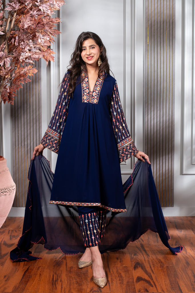 Women's Blue Embroidery A-Line Kurta Set