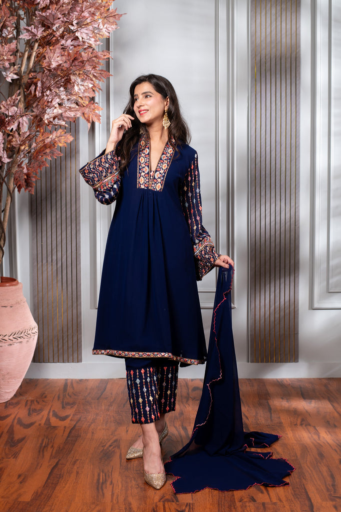 Women's Blue Embroidery A-Line Kurta Set