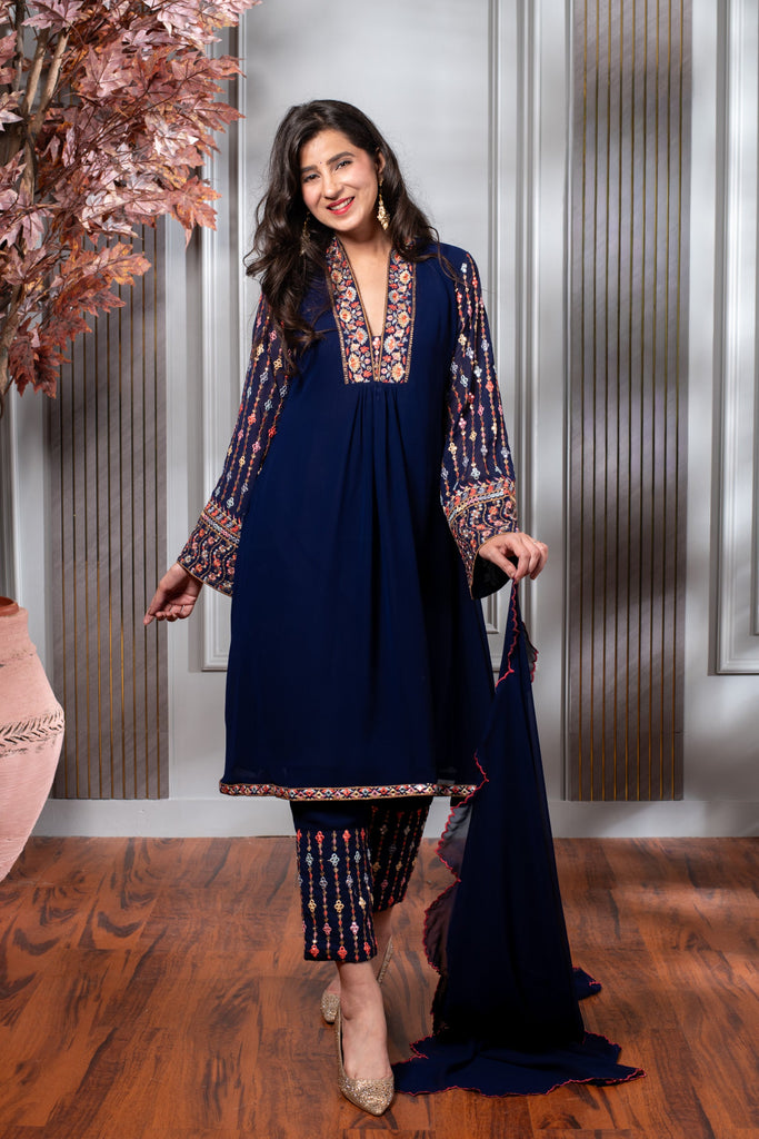Women's Blue Embroidery A-Line Kurta Set