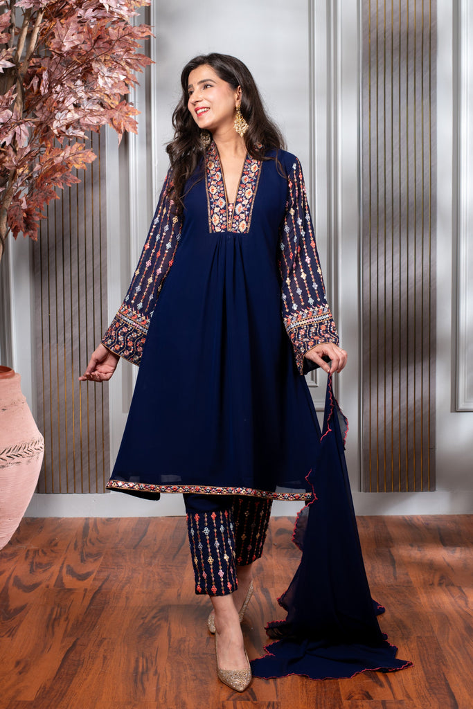 Women's Blue Embroidery A-Line Kurta Set