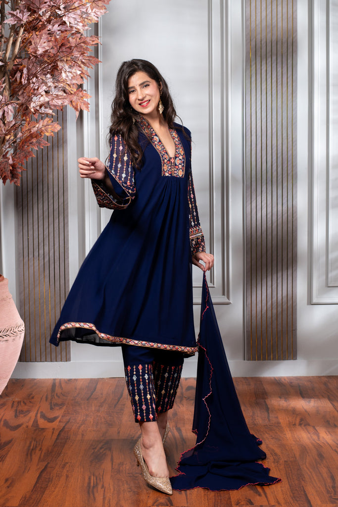 Women's Blue Embroidery A-Line Kurta Set