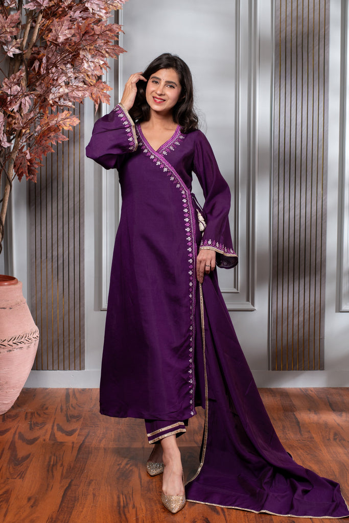 Women's Purple Embroidered Anghrakha Kurta Set