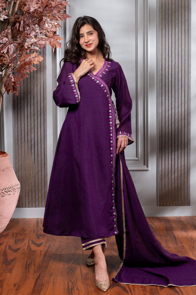 Women's Purple Embroidered Anghrakha Kurta Set