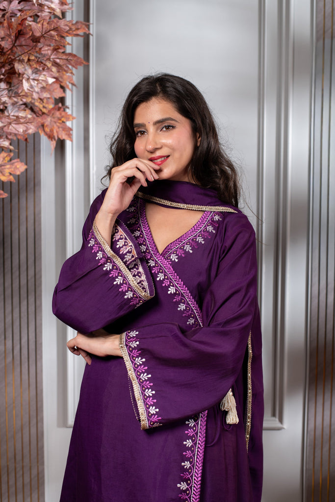 Women's Purple Embroidered Anghrakha Kurta Set