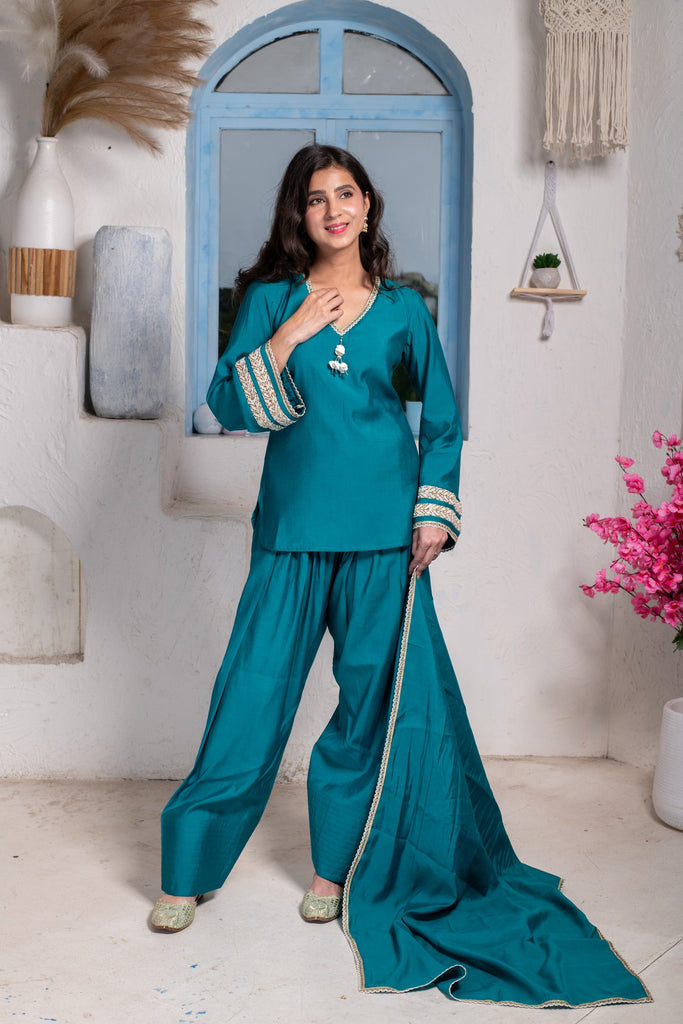 Women's Teal Short Kurta With Farshi Salwar