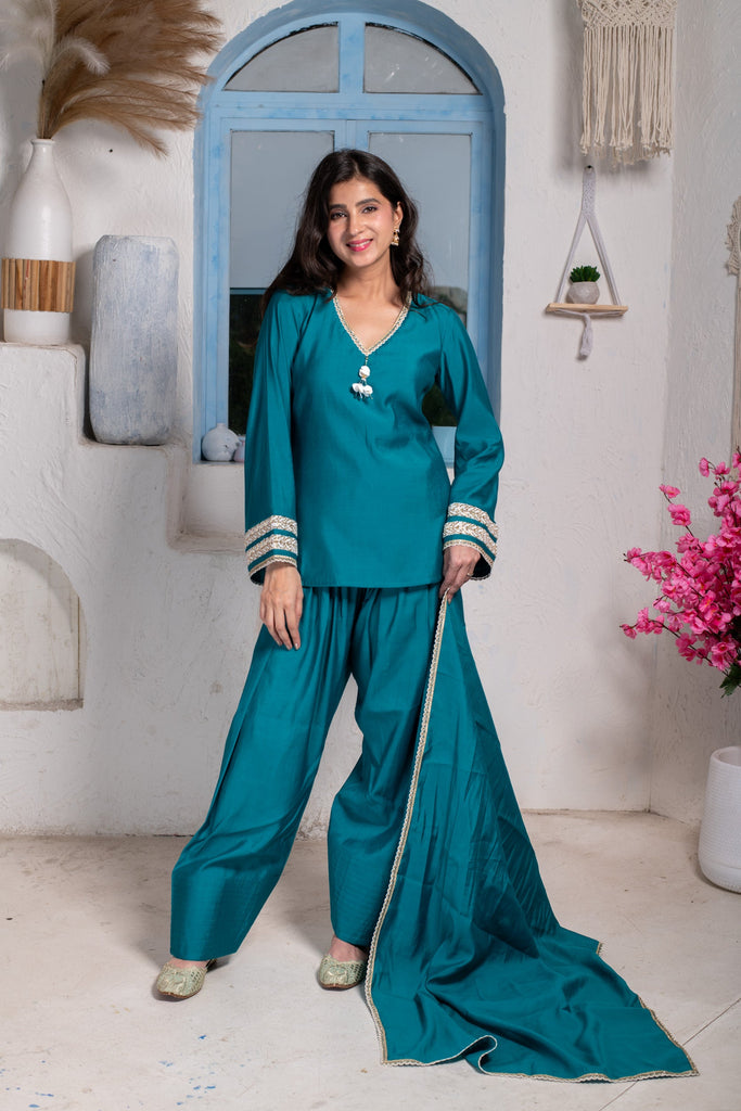 Women's Teal Short Kurta With Farshi Salwar