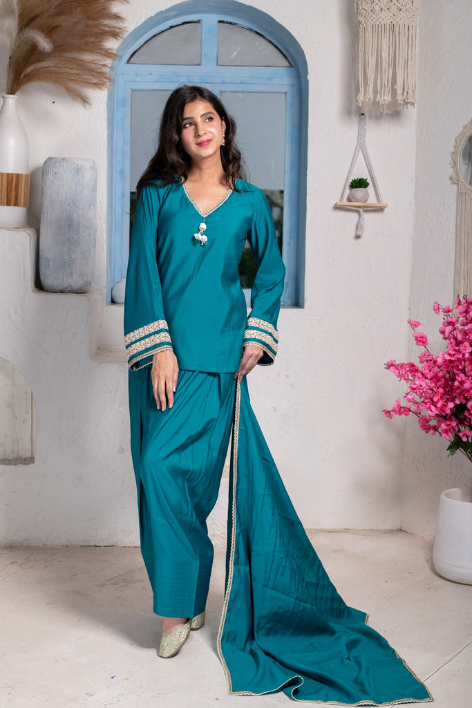 Women's Teal Short Kurta With Farshi Salwar