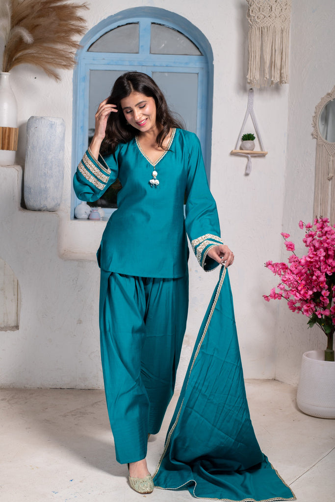 Women's Teal Short Kurta With Farshi Salwar