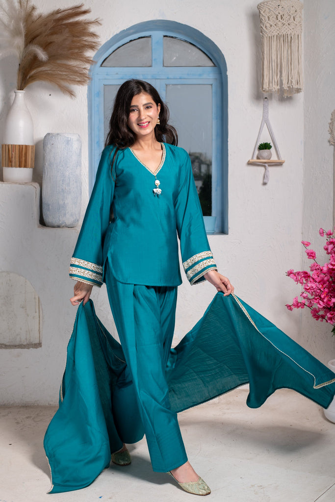 Women's Teal Short Kurta With Farshi Salwar