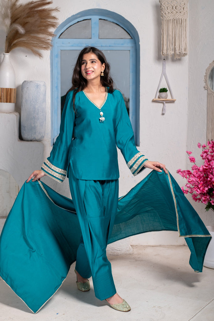 Women's Teal Short Kurta With Farshi Salwar