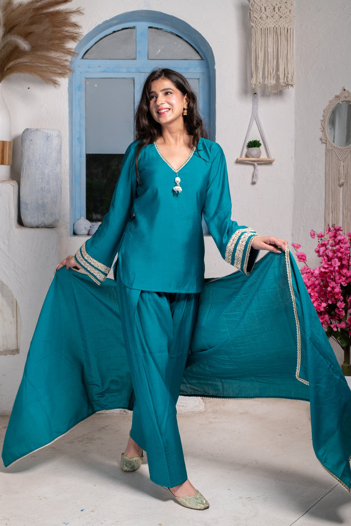 Women's Teal Short Kurta With Farshi Salwar