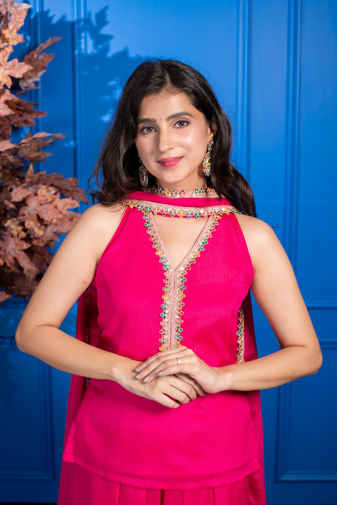 Women's Pink Short Kurta With Pleated Pants