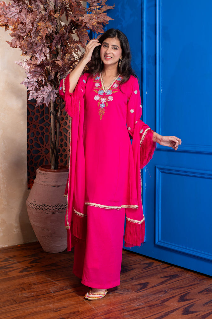 Women's Pink Short Embroidered Bell Sleeves Kurta With Pleated Pants