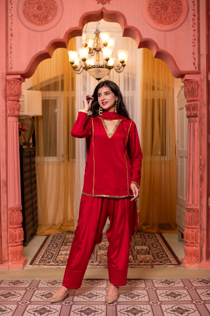 Women's Red Short Kurta With Farshi Salwar