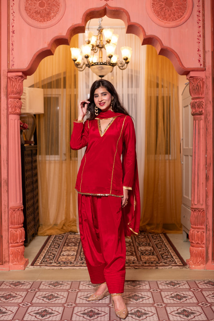 Women's Red Short Kurta With Farshi Salwar