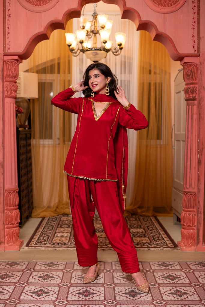 Women's Red Short Kurta With Farshi Salwar