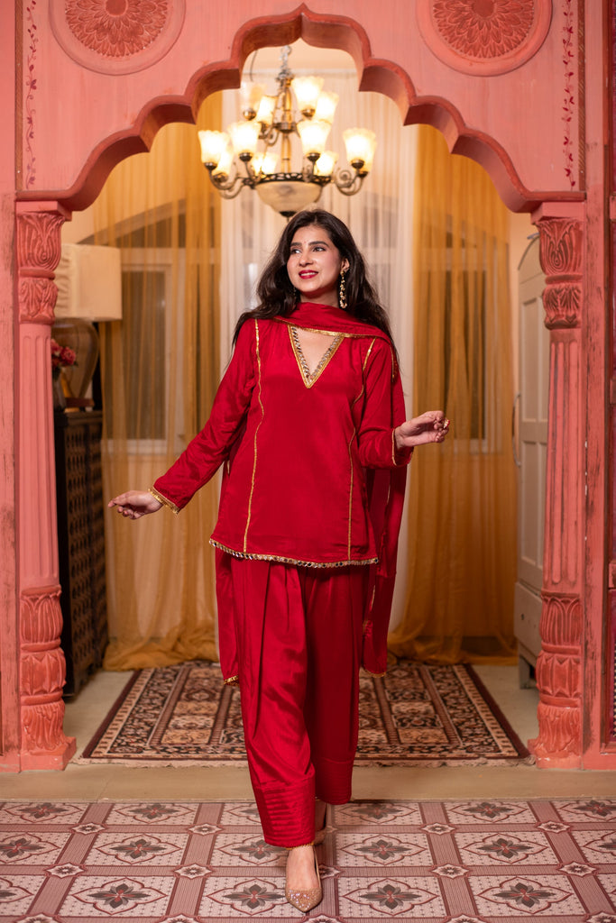 Women's Red Short Kurta With Farshi Salwar