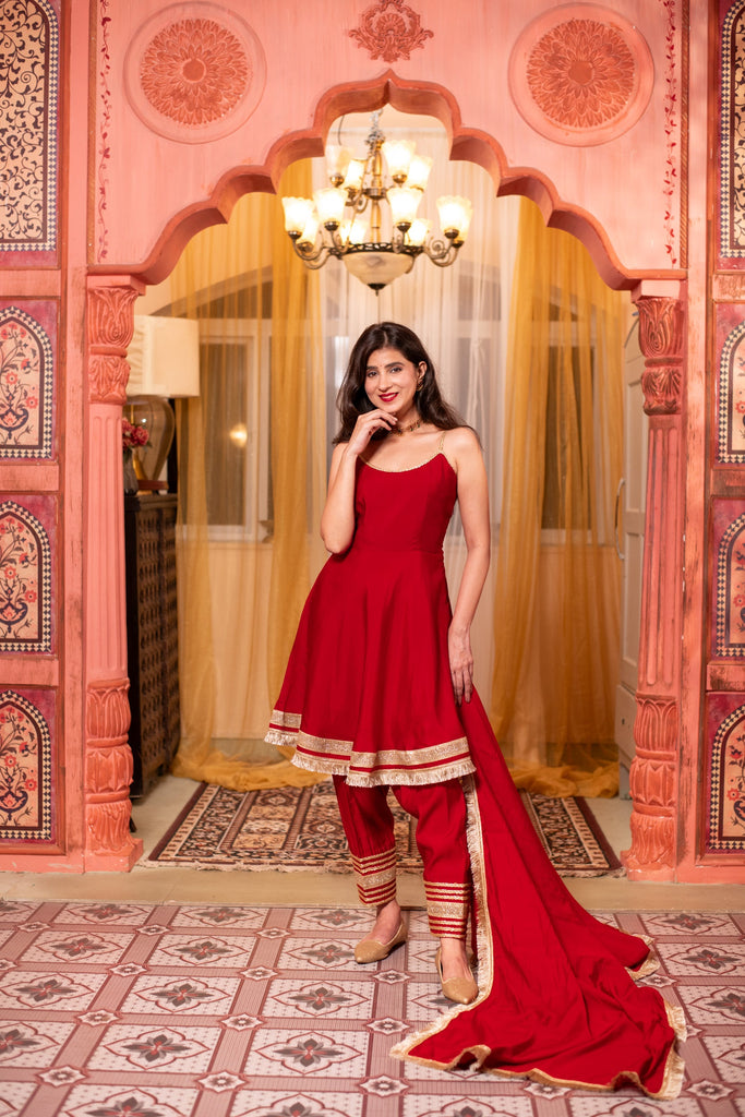 Women's Red Short Anarkali Kurta Set