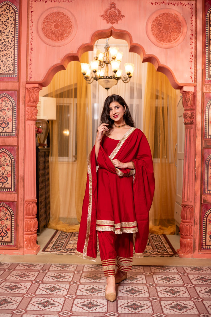 Women's Red Short Anarkali Kurta Set