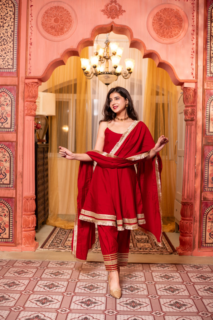 Women's Red Short Anarkali Kurta Set