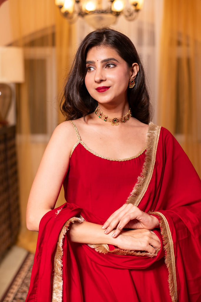 Women's Red Short Anarkali Kurta Set