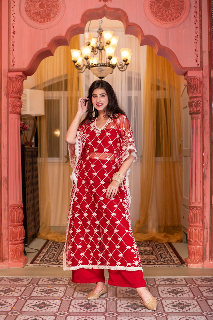 Women's Red Co-Ord Set With Kaftan