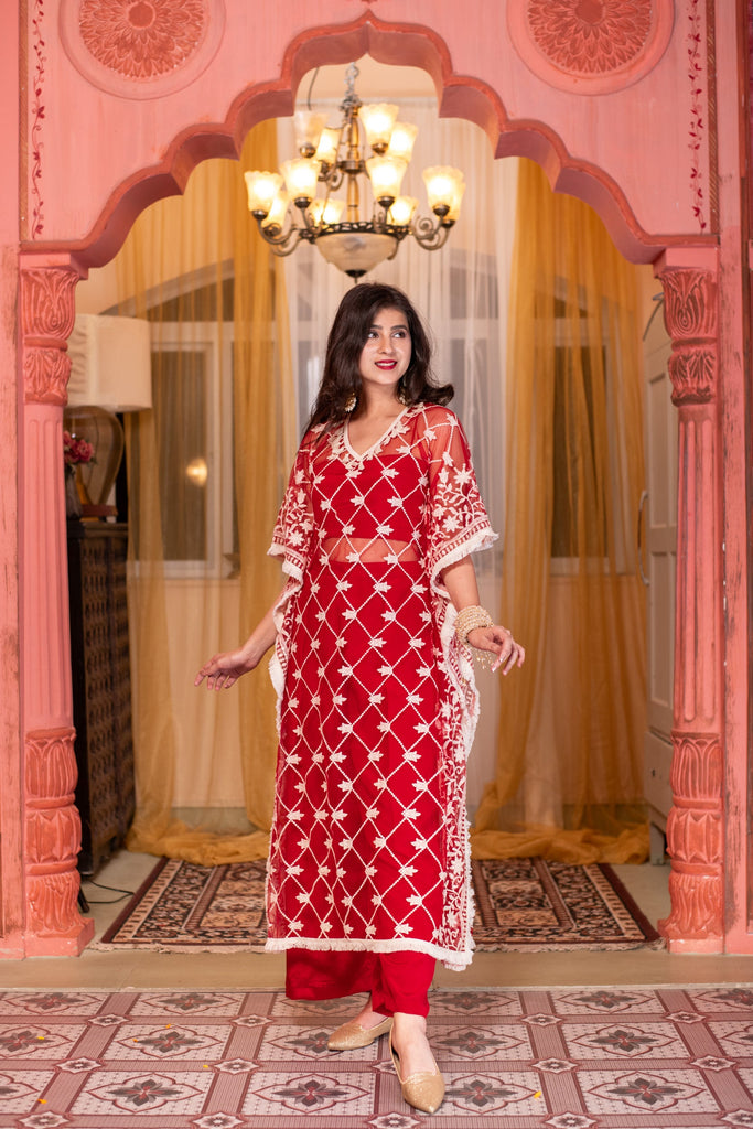 Women's Red Co-Ord Set With Kaftan