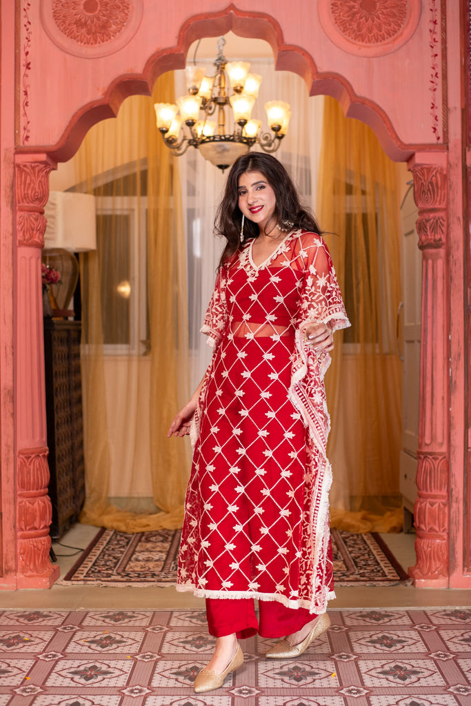Women's Red Co-Ord Set With Kaftan