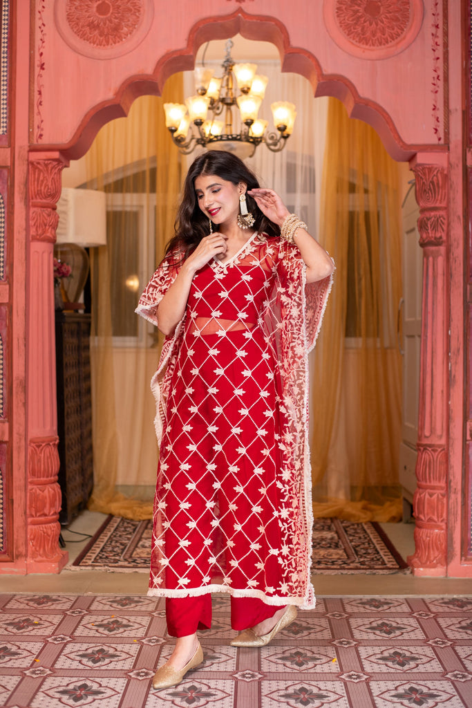 Women's Red Co-Ord Set With Kaftan