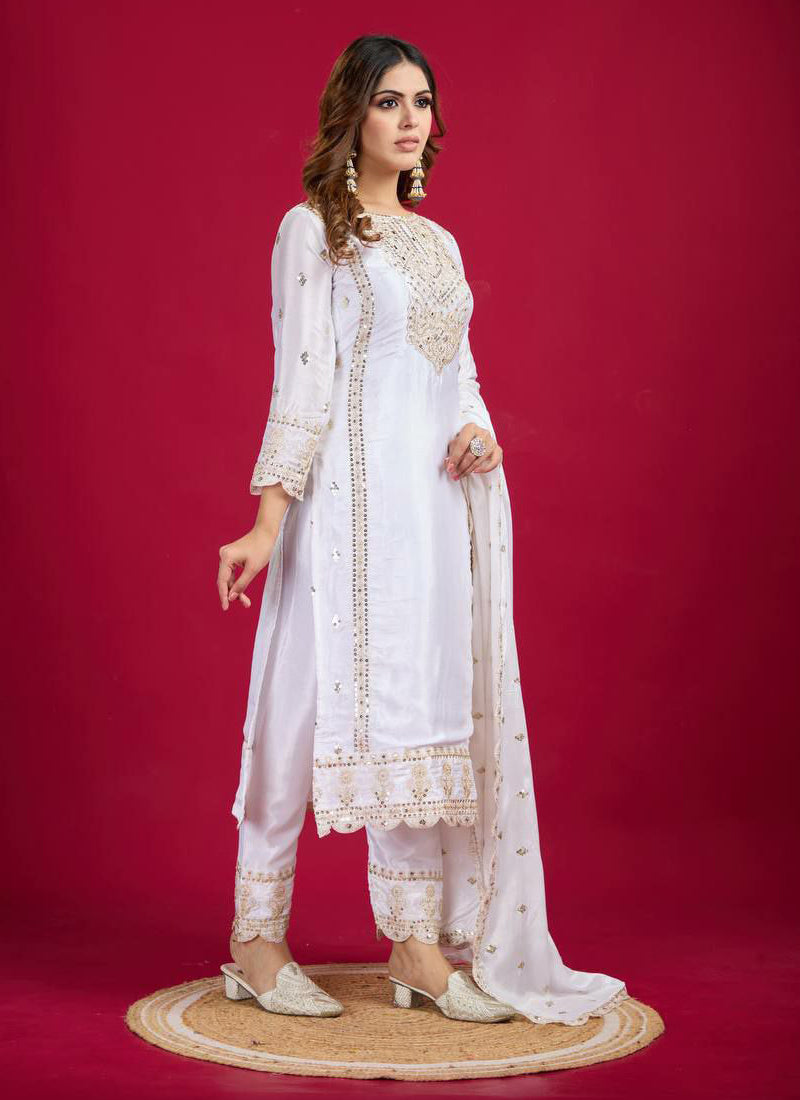 Women's White Chinon Silk Embroidered Kurta Set - Prazu Fashion