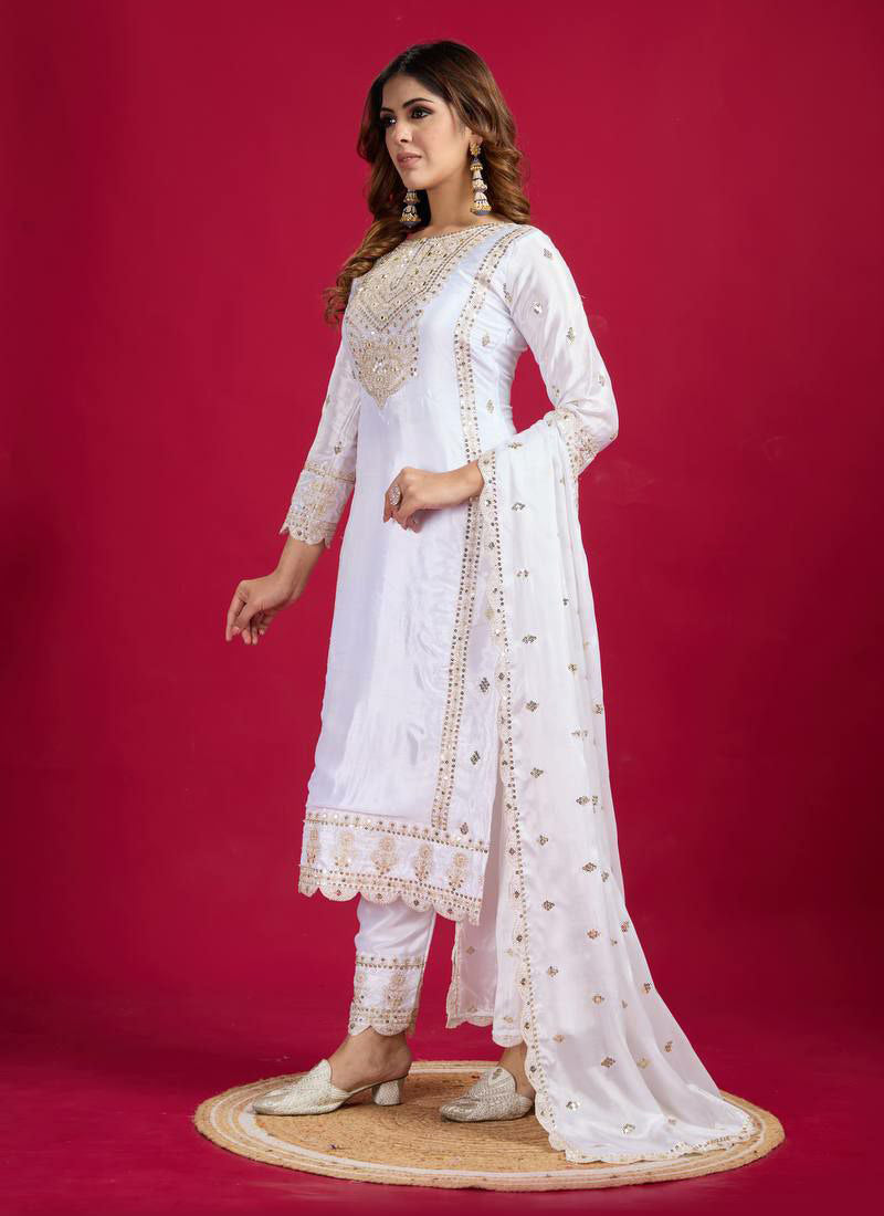 Women's White Chinon Silk Embroidered Kurta Set - Prazu Fashion