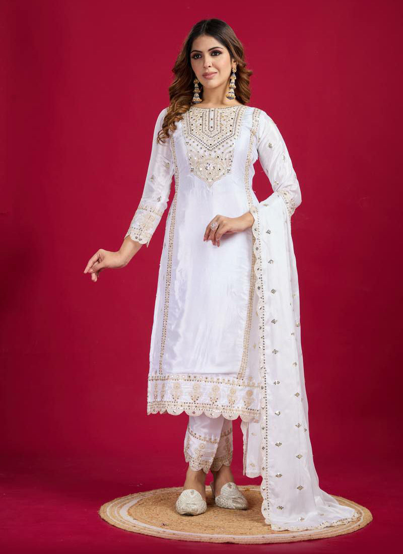 Women's White Chinon Silk Embroidered Kurta Set - Prazu Fashion