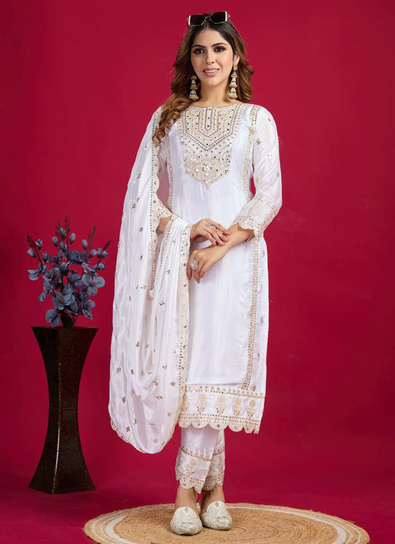 Women's White Chinon Silk Embroidered Kurta Set - Prazu Fashion