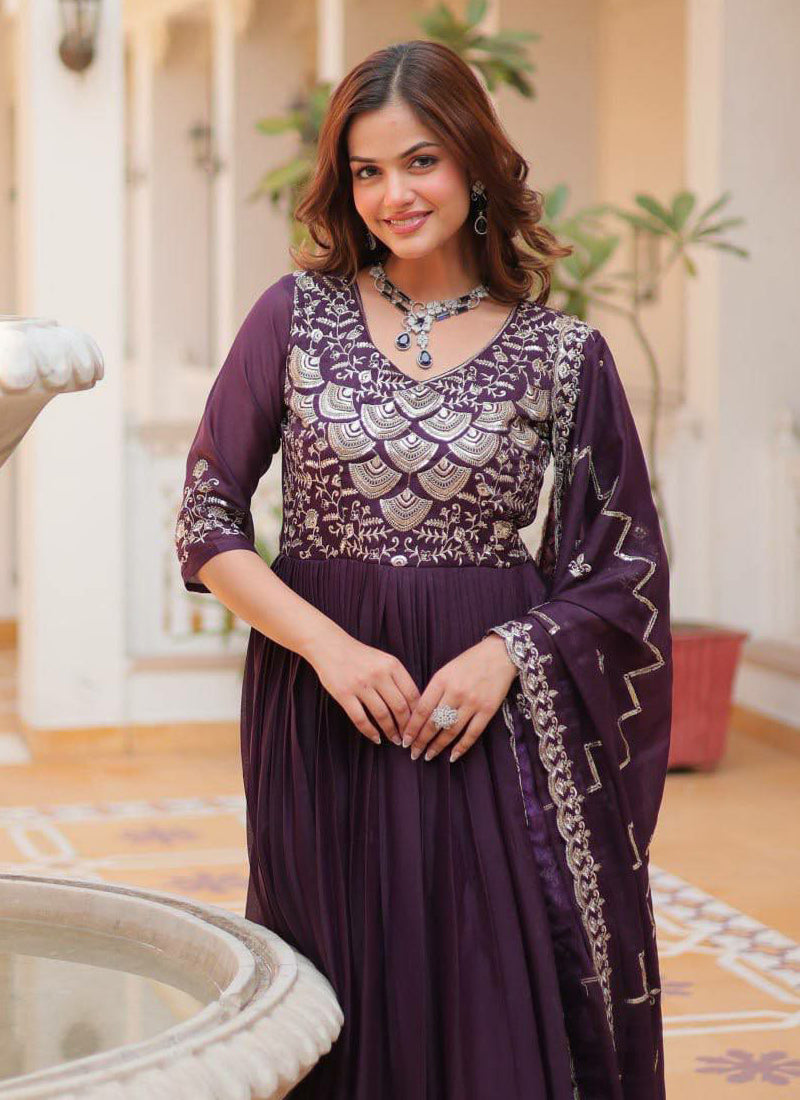 Women's Violet Georgette Embroidered Kurta Set - Prazu Fashion