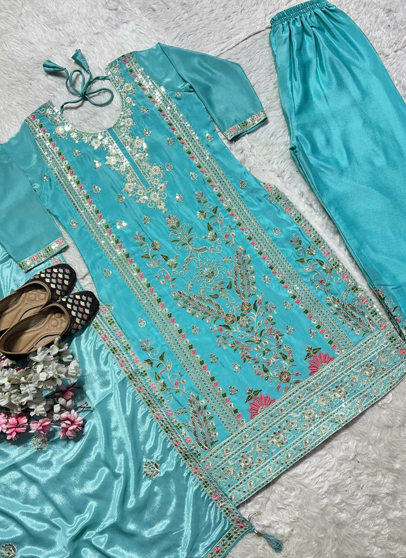 Women's Sky Blue Heavy Chinon Silk Embroidered Plazzo Suit - Prazu Fashion