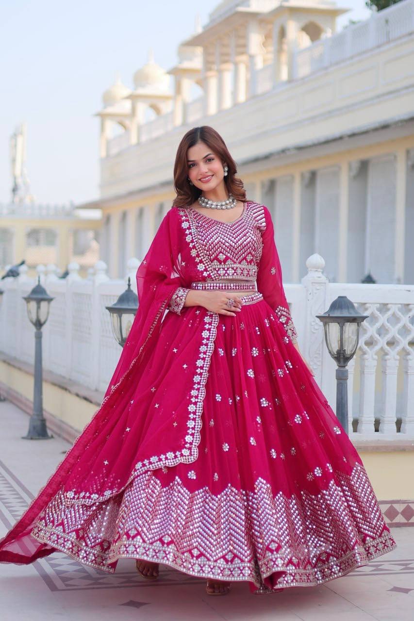 Women's Rani Pink Georgette Embroidery Lehenga Set - Harvi Trendz