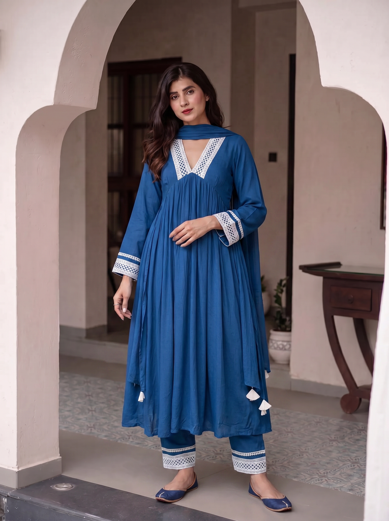 Women's Blue Rayon A-Line Anarkali Set with Lace Trim & Dupatta