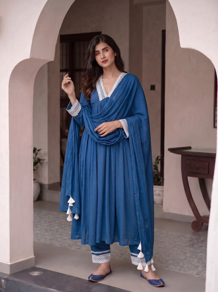 Women's Blue Rayon A-Line Anarkali Set with Lace Trim & Dupatta