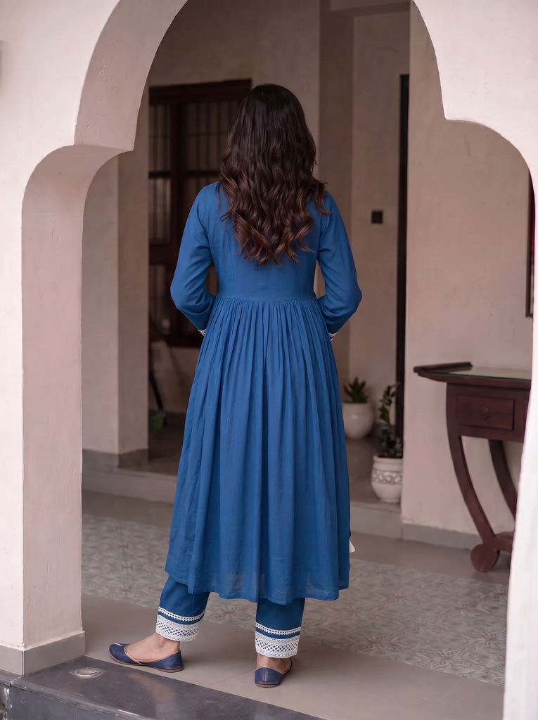 Women's Blue Rayon A-Line Anarkali Set with Lace Trim & Dupatta