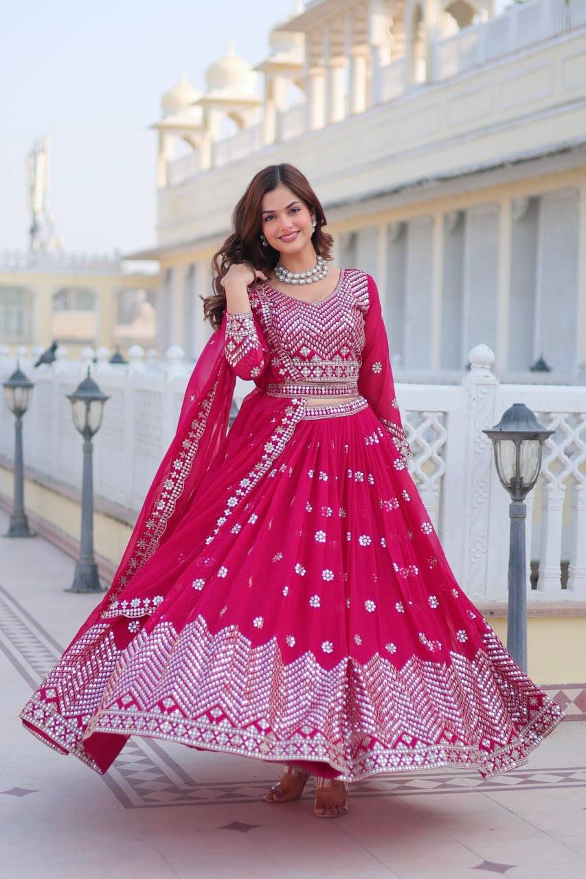 Women's Rani Pink Georgette Embroidery Lehenga Set - Harvi Trendz