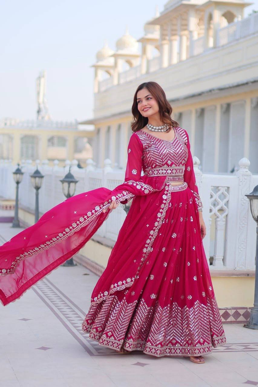 Women's Rani Pink Georgette Embroidery Lehenga Set - Harvi Trendz