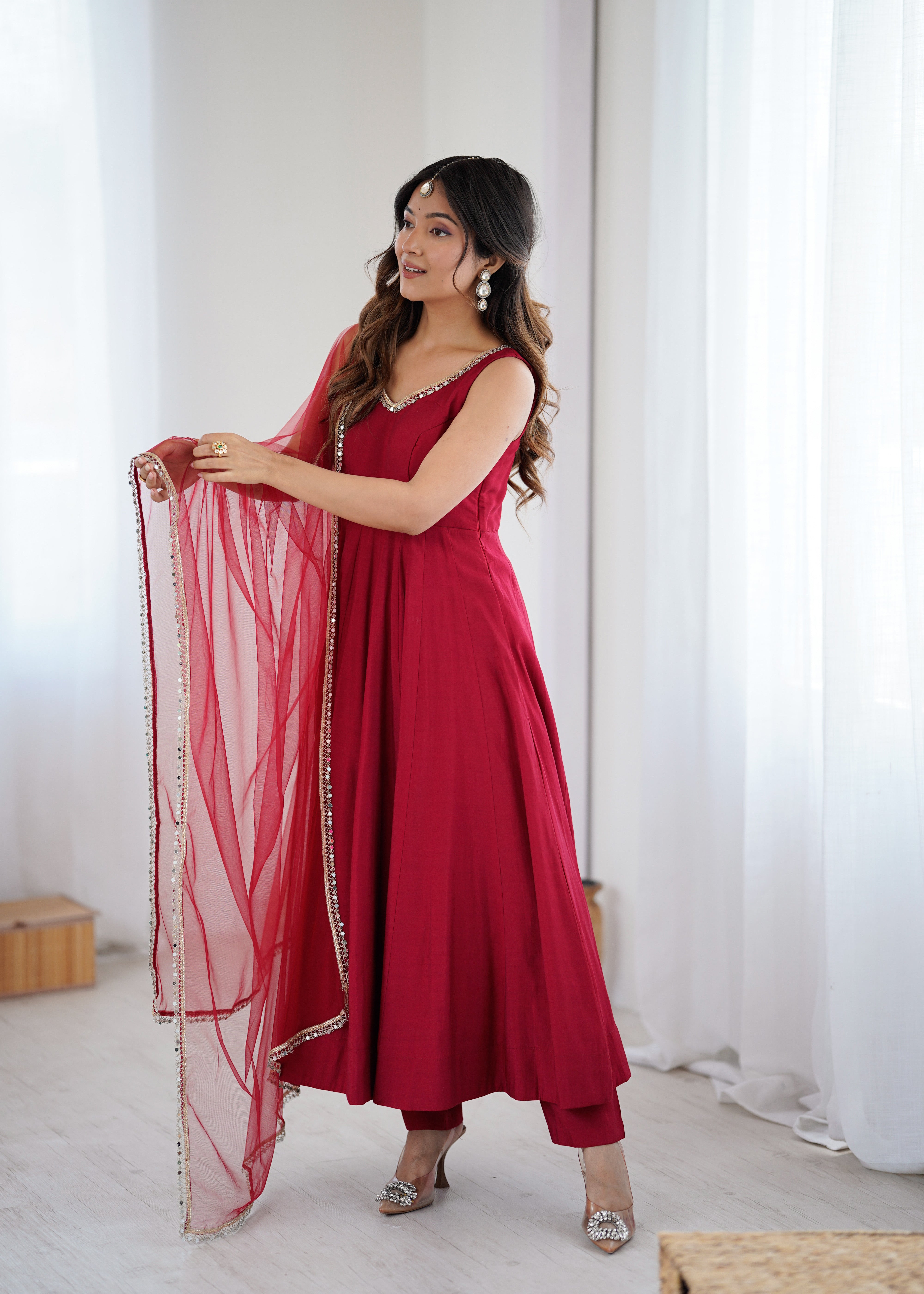 Women's Red Chanderi Silk Mirror Lace Anarkali Set Red / XXL | Trendia Global Women's Red Chanderi Silk Mirror Lace Anarkali Set Red / XXL | Trendia Global