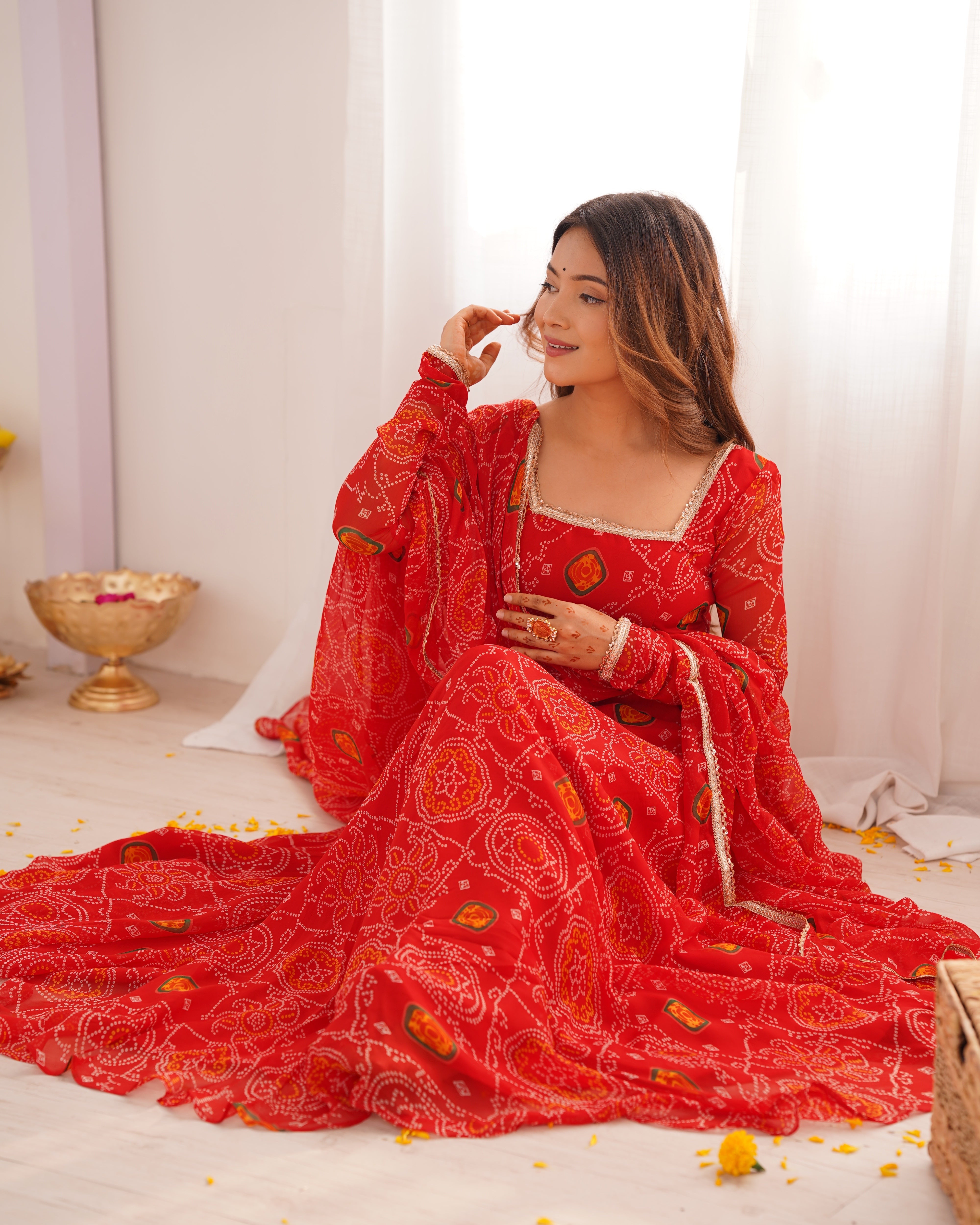 Women's Red Chiffon Digital Print Anarkali Set – Trendia