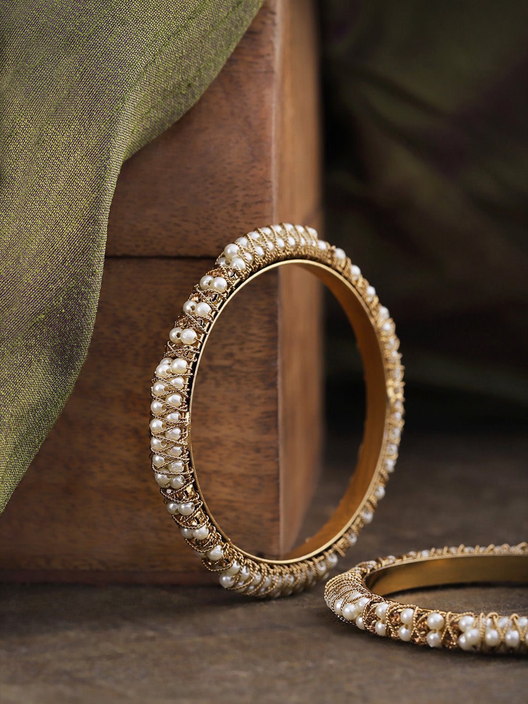 Women's Set Of 2 Gold-Plated Pearls and Stones Studded Bangles