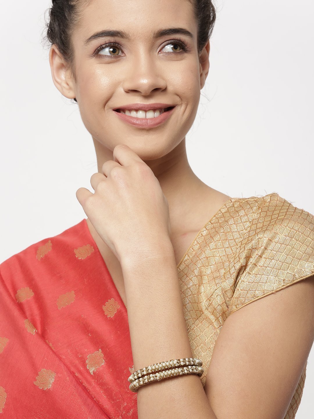 Women's Set Of 2 Gold-Plated Pearls and Stones Studded Bangles