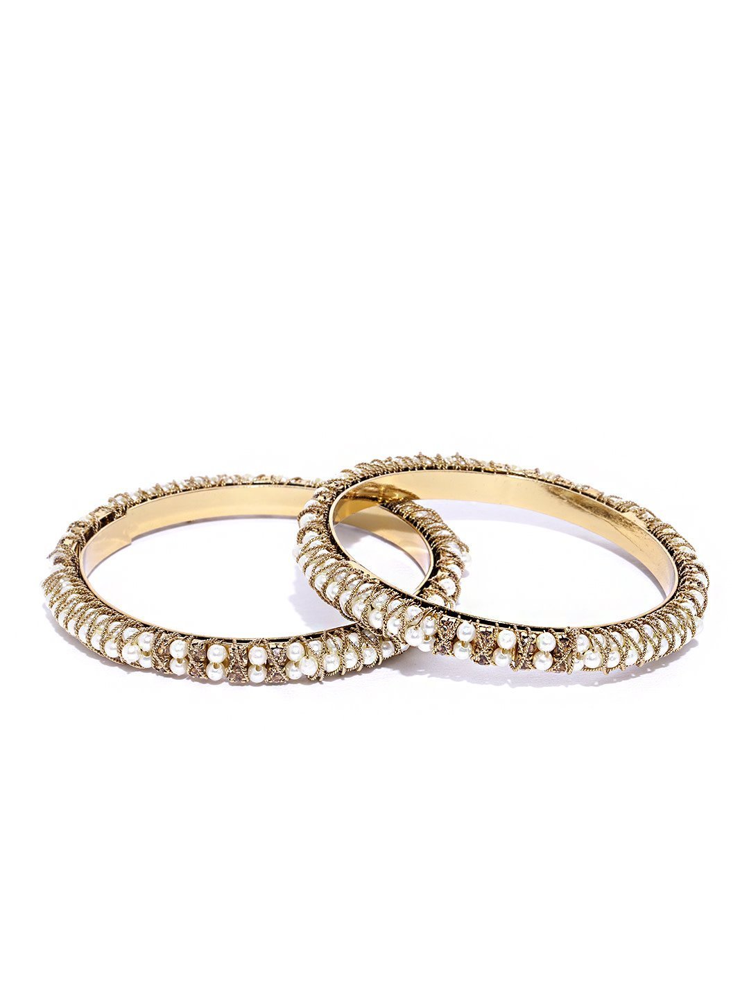 Women's Set Of 2 Gold-Plated Pearls and Stones Studded Bangles