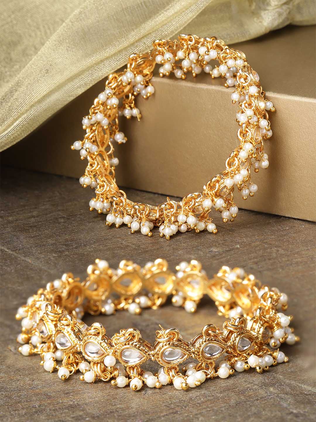 Women's Set Of 2 Gold-Plated Kundan Studded Off-White Bead Drop Bangles